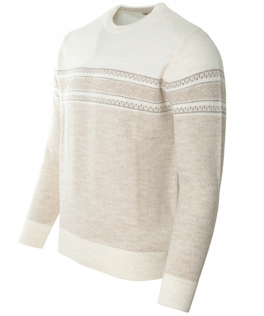 Sweter męski z okrągłym dekoltem beżowy wzór pasy wełniany klasyczny - Devanti