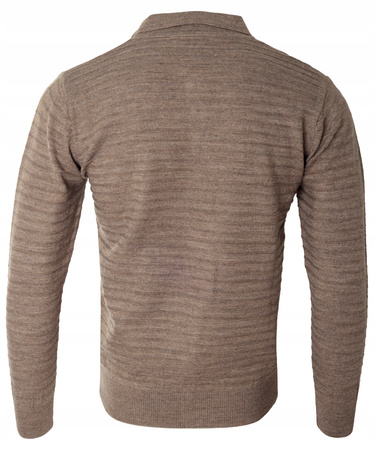 Bluza męska z kołnierzykiem polo na guziki brązowa wzór w pasy ze ściągaczami bawełniana - Reymo