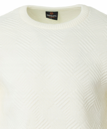 Sweter męski z okrągłym dekoltem ecru wzór pasy wełniany klasyczny - Devanti