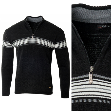 Sweter męski półgolf krótki zamek wełniany czarny pasy klasyczny - Devanti