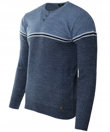 Sweter męski z okrągłym dekoltem krótkie zapięcie na guziki niebieski klasyczny - Devanti