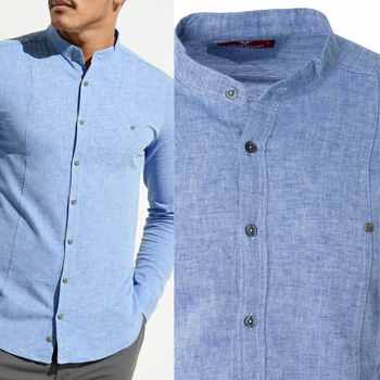 Koszula męska len+bawełna casual jasno-niebieska letnia przewiewna - Redline