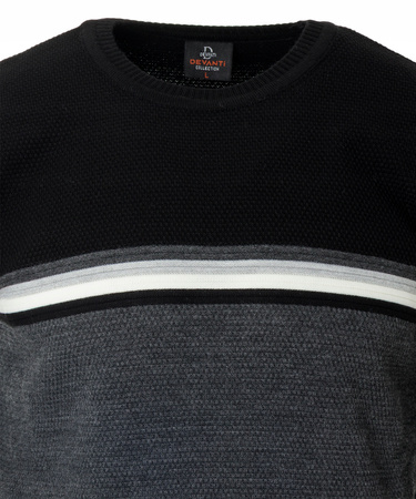 Sweter męski z okrągłym dekoltem wełniany szaro-czarny pasy klasyczny - Devanti