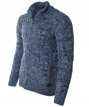Sweter męski półgolf rozpinany jesienny niebieski ze wzorem wełniany ciepły - Devanti