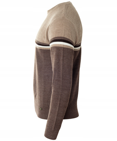 Sweter męski z okrągłym dekoltem brązowy wzór pasy wełniany klasyczny - Devanti