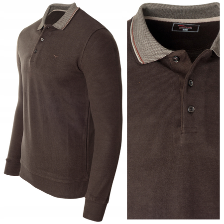 Bluza męska ciemno-brązowa gładka z kołnierzykiem polo na guziki ze ściągaczami bawełniana - Reymo