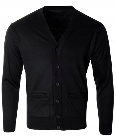 Sweter męski kardigan zapinany na guziki jesienny V-dekolt czarny gładki wełniany - Devir Orme