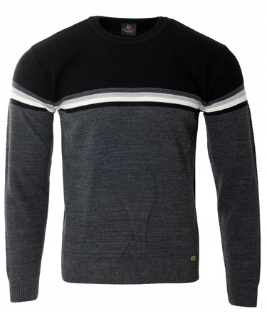 Sweter męski z okrągłym dekoltem wełniany szaro-czarny pasy klasyczny - Devanti