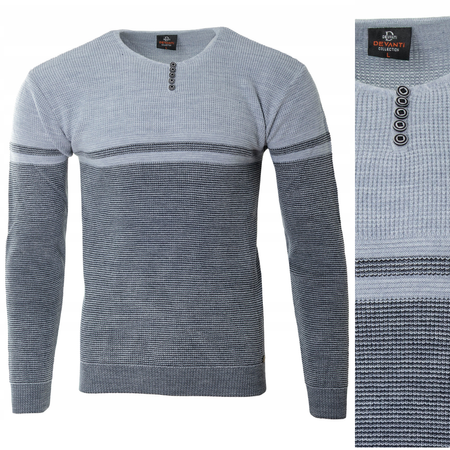 Sweter męski z okrągłym dekoltem z guzikami jasno-szary klasyczny - Devanti