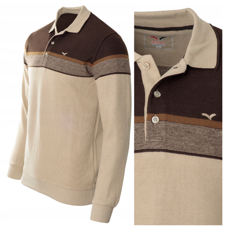 Bluza męska beżowo-brązowa z kołnierzykiem polo na guziki ze ściągaczami bawełniana - Reymo