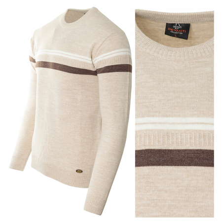 Sweter męski z okrągłym dekoltem beżowy wzór pasy wełniany klasyczny - Devanti