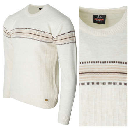 Sweter męski z okrągłym dekoltem jasno-beżowy wzór pasy wełna klasyczny - Devanti