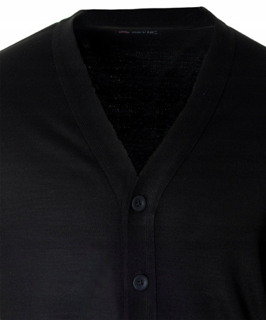 Sweter męski kardigan zapinany na guziki jesienny V-dekolt czarny gładki wełniany - Devir Orme