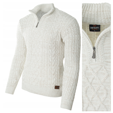 Sweter męski półgolf krótkie zapięcie na zamek beżowy we wzór klasyczny - Devanti