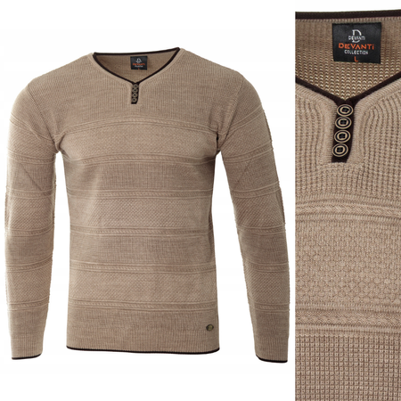 Sweter męski z okrągłym dekoltem krótkie zapięcie na guziki beżowy pasy klasyczny - Devanti