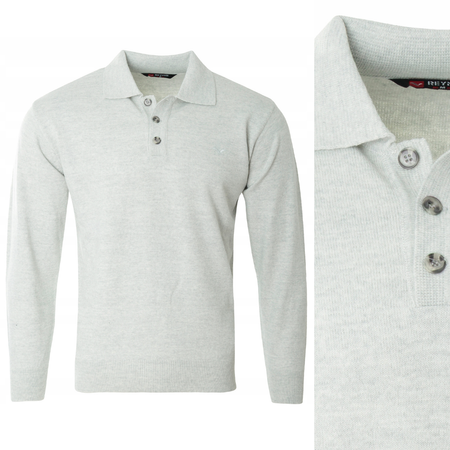 Bluza męska z kołnierzykiem polo na guziki jasno-szara gładka ze ściągaczami wełniana - Reymo