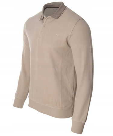 Bluza męska beżowa gładka z kołnierzykiem polo na guziki ze ściągaczami bawełniana - Reymo