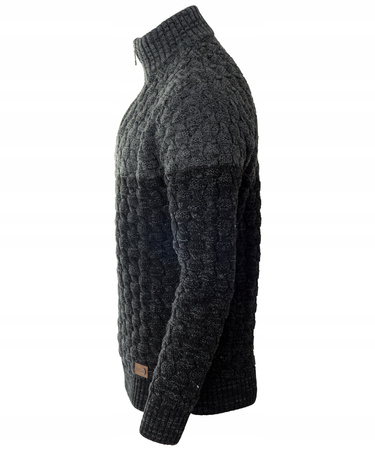 Sweter męski półgolf na krótki zamek jesienny czarno-szary ze wzorem wełniany ciepły - Devanti