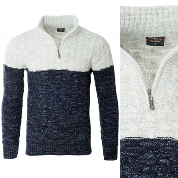Sweter męski półgolf na krótki zamek jesienny granatowo-szary ze wzorem wełniany ciepły - Devanti