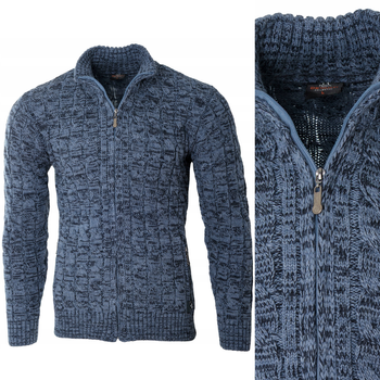 Sweter męski półgolf rozpinany jesienny niebieski ze wzorem wełniany ciepły - Devanti