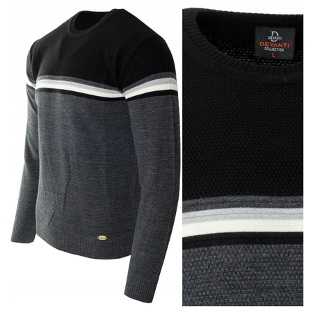 Sweter męski z okrągłym dekoltem wełniany szaro-czarny pasy klasyczny - Devanti