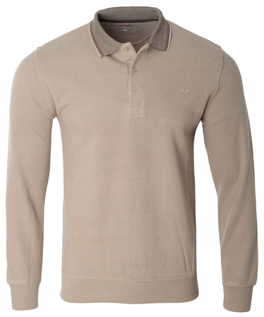 Bluza męska beżowa gładka z kołnierzykiem polo na guziki ze ściągaczami bawełniana - Reymo
