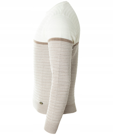 Sweter męski z okrągłym dekoltem beżowy wzór geometryczny pasy wełniany klasyczny - Devanti