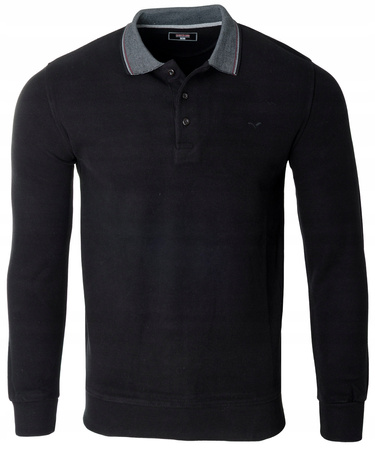 Bluza męska czarna gładka z kołnierzykiem polo na guziki ze ściągaczami bawełniana - Reymo