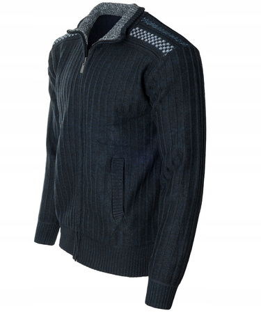 Sweter męski rozpinany ocieplany polarem jesienny granatowy ze wzorem 