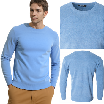 Sweter męski z okrągłym dekoltem błękitny klasyczny - Must