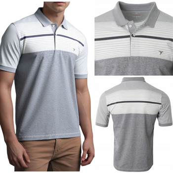 Koszulka męska polo bawełniana szara paski dekolt z guzikami kołnierz wiosenna - Reymo