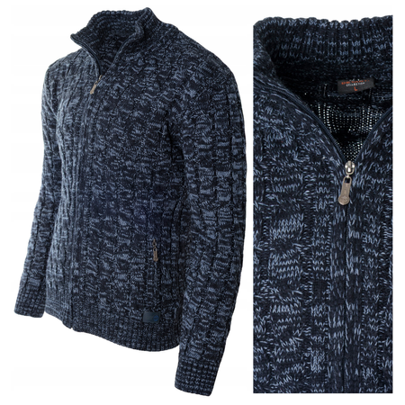 Sweter męski półgolf rozpinany jesienny granatowy ze wzorem wełniany ciepły - Devanti