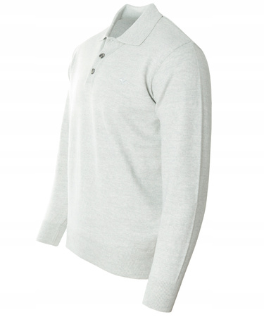 Bluza męska z kołnierzykiem polo na guziki jasno-szara gładka ze ściągaczami wełniana - Reymo