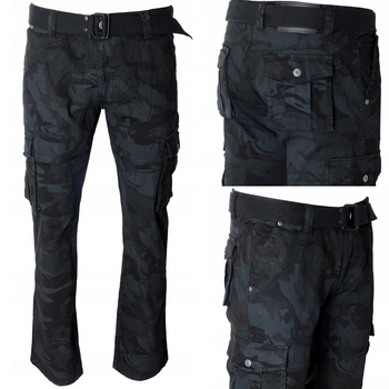 Spodnie męskie bojówki czarne moro bawełniane z paskiem- ITENO