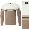 Sweter męski z okrągłym dekoltem brązowo-biały wzór pasy wełniany klasyczny - Devanti