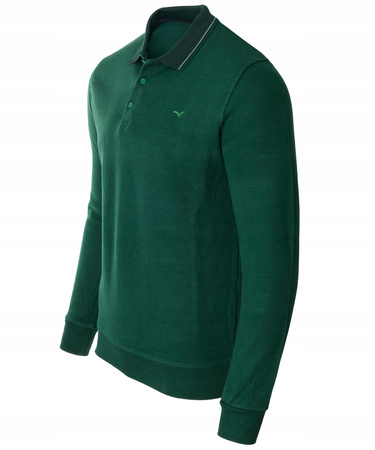 Bluza męska ciemno-zielona gładka z kołnierzykiem polo na guziki ze ściągaczami bawełniana - Reymo