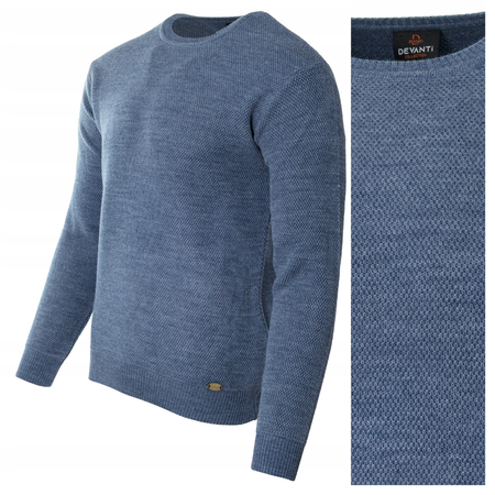 Sweter męski z okrągłym dekoltem niebieski wełniany klasyczny - Devanti