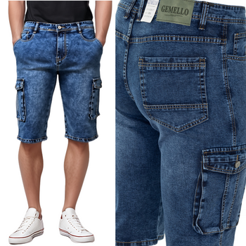 Spodenki męskie jeansowe bojówki krótkie bawełniane granatowe dżinsowe - Gemello