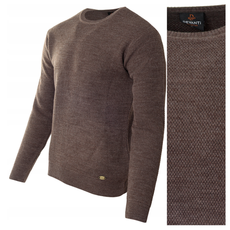 Sweter męski z okrągłym dekoltem ciemno-brązowy wełniany klasyczny - Devanti