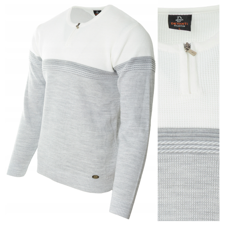 Sweter męski z okrągłym dekoltem na krótki zamek szaro-biały klasyczny - Devanti