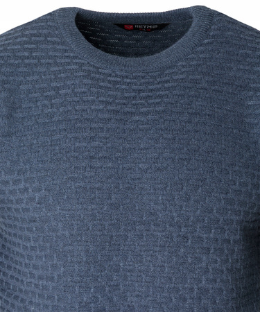 Sweter męski z okrągłym dekoltem pod szyję niebieski we wzór wełniany klasyczny ciepły - Reymo