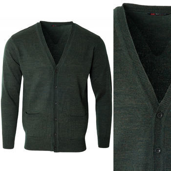 Sweter męski kardigan zapinany na guziki jesienny V-dekolt zielony gładki wełniany - Reymo