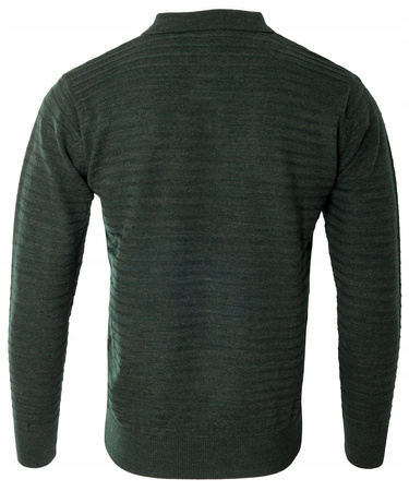 Bluza męska z kołnierzykiem polo na guziki zielona wzór w pasy ze ściągaczami bawełniana - Reymo