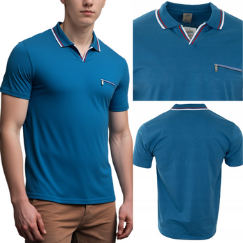 Koszulka męska polo niebieska dekolt w serek z kieszenią - POLMSWISS