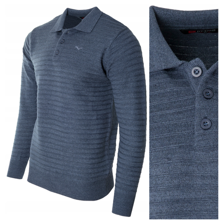 Bluza męska z kołnierzykiem polo na guziki niebieska wzór w pasy ze ściągaczami bawełniana - Reymo
