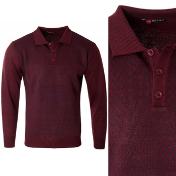 Sweter męski bordowy z kołnierzykiem polo na guziki ze ściągaczami wełna czarny wzór - Reymo