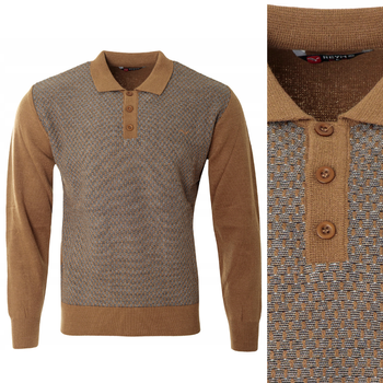 Sweter męski brązowy z kołnierzykiem polo na guziki ze ściągaczami wełna we wzór - Reymo