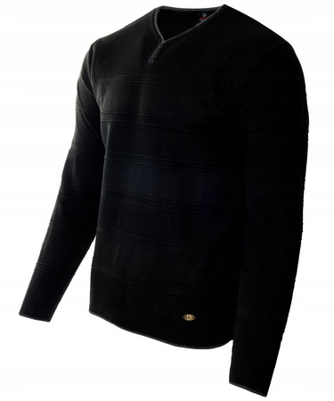 Sweter męski z okrągłym dekoltem krótkie zapięcie na guziki czarny pasy klasyczny - Devanti