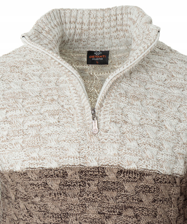 Sweter męski półgolf na krótki zamek jesienny brązowo-beżowy ze wzorem wełniany ciepły - Devanti