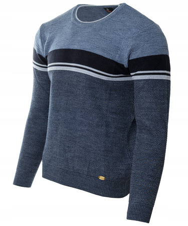 Sweter męski z okrągłym dekoltem niebieski wzór pasy wełniany klasyczny - Devanti
